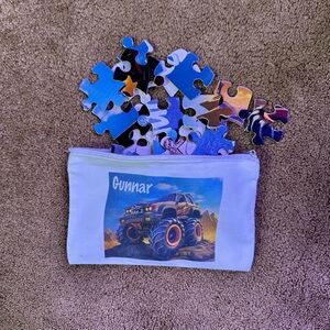 Custom Name Gunnar 48 Piece Monster Truck Puzzle Set with White Pouch